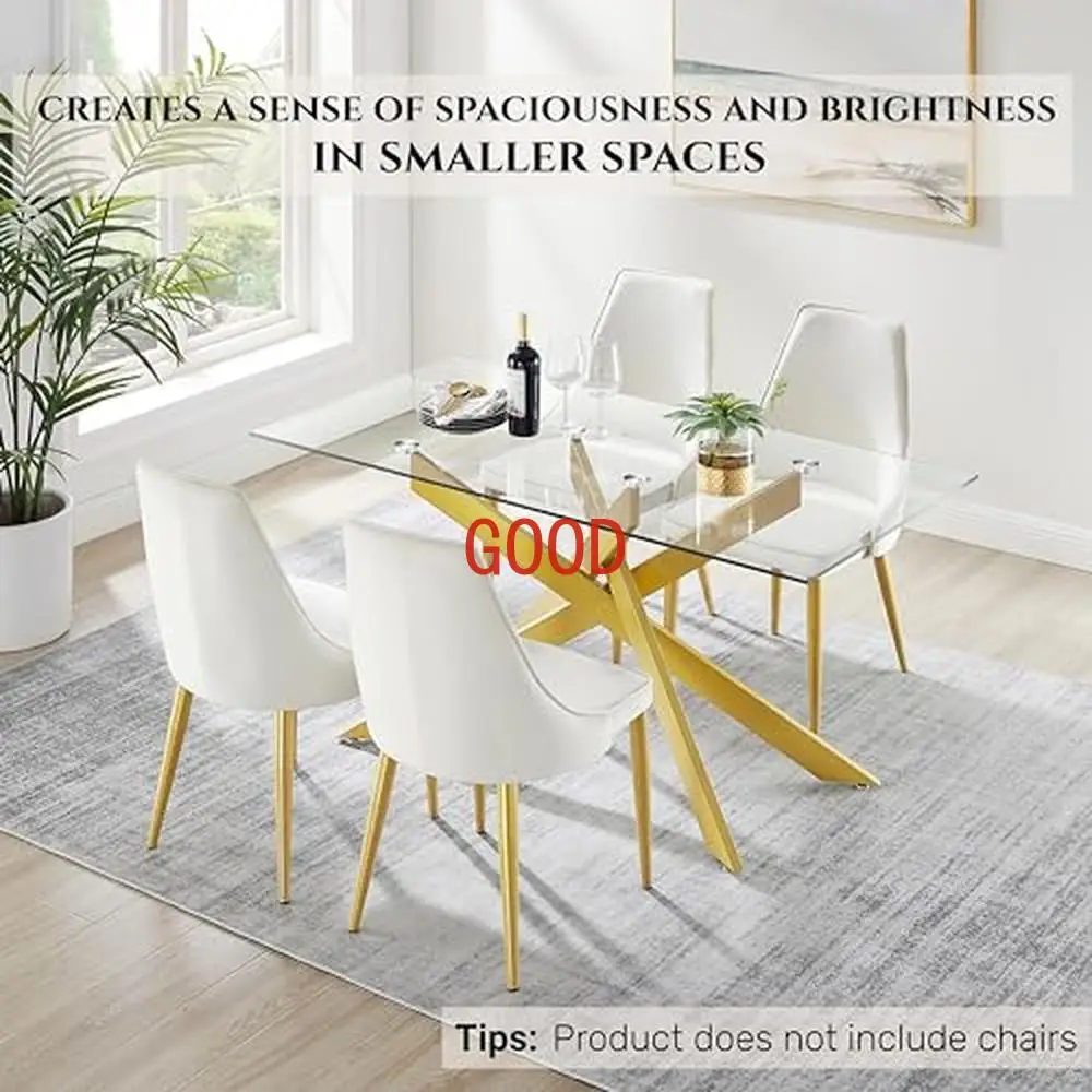 Rectangle Glass Dining Table Modern Style Home Kitchen Dining Room Metal Legs Tempered Glass Top Generous Design Spacious Bright