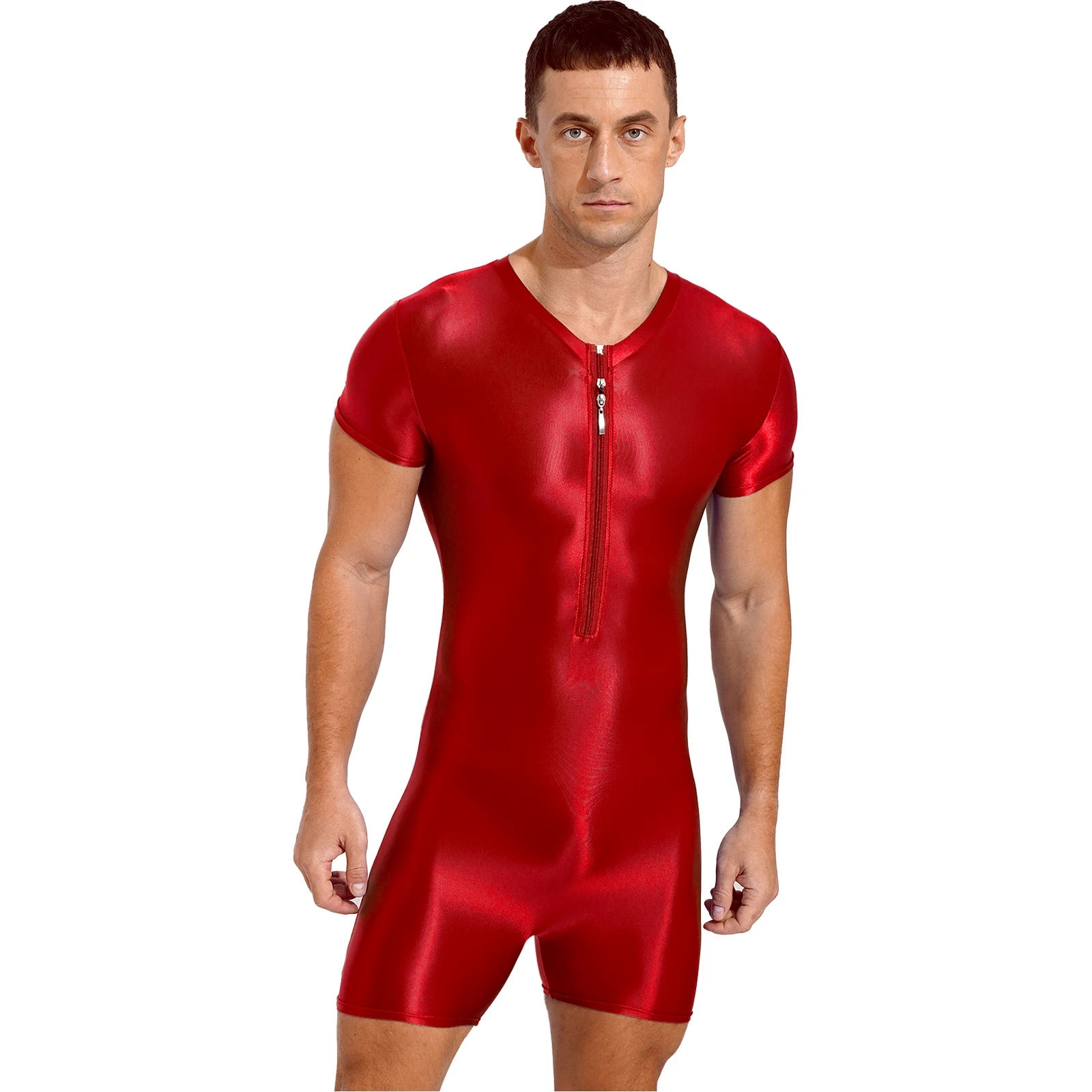 Mens Swimsuit One-Piece Swimwear Glossy Zipper Bodysuit Stretchy Round Neck Fitness Short Sleeve Swimming Jumpsuit Leotards