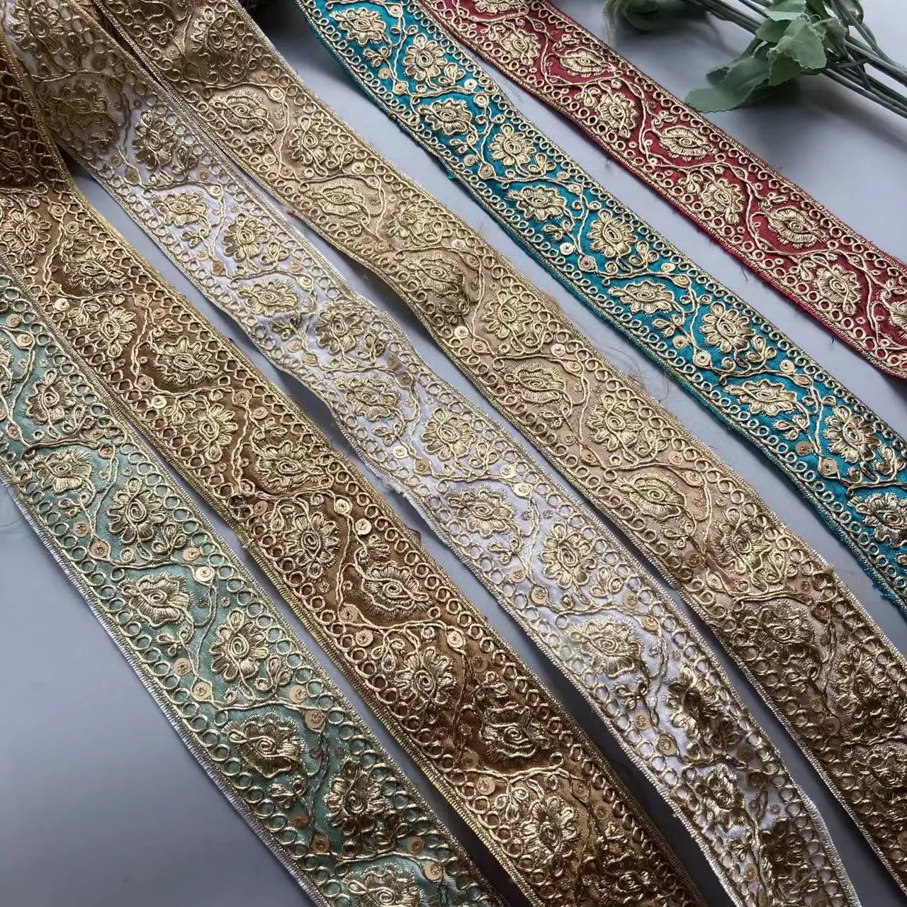 1 Yards New Retro Ethnic Lace Accessories Gold Strand Thread Embroidery Sequin Bar Code Veil Clothing Hat Children'S Webbing