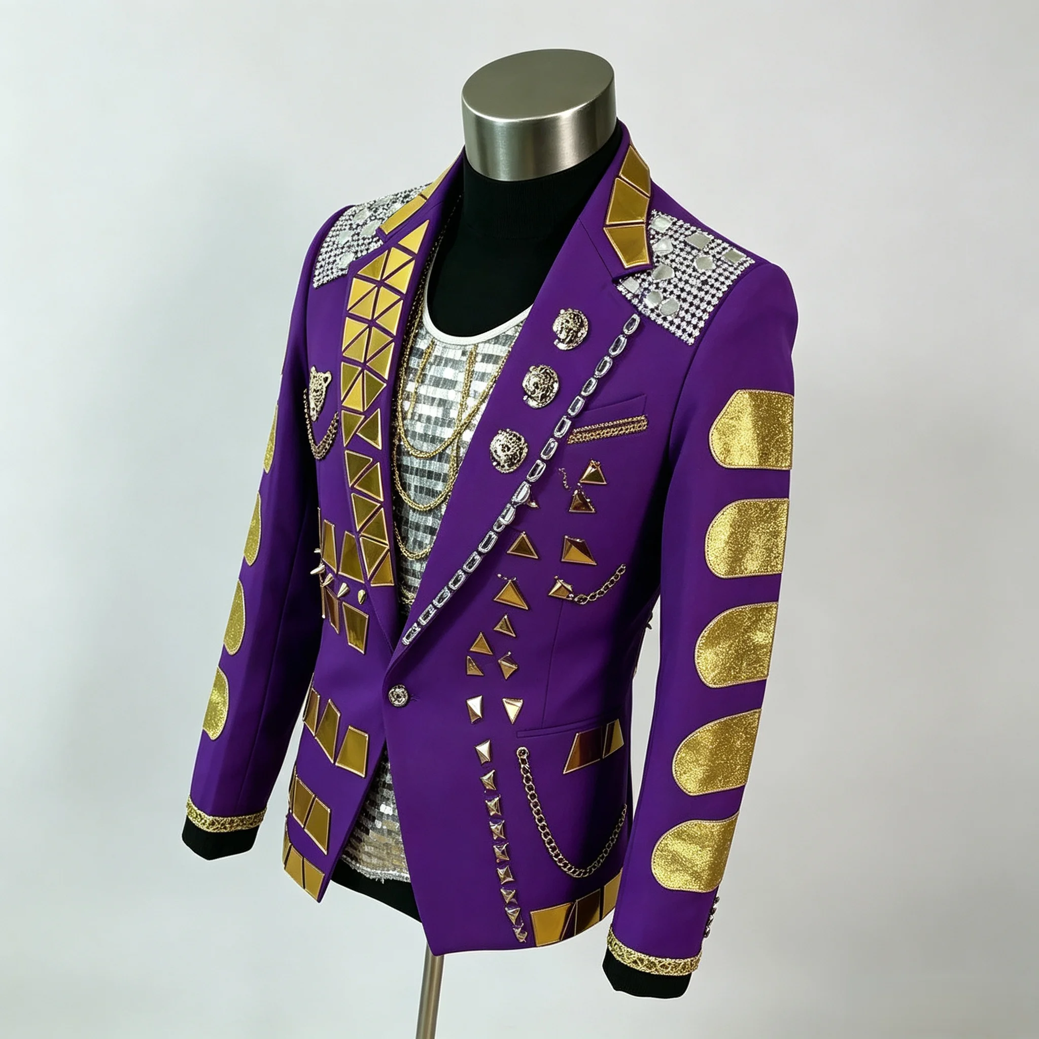 Handmade Men's Purple Blazer Gold Rivet Chian Decor Stage Suit Jacket Bar Party Singer Dancer Outwear