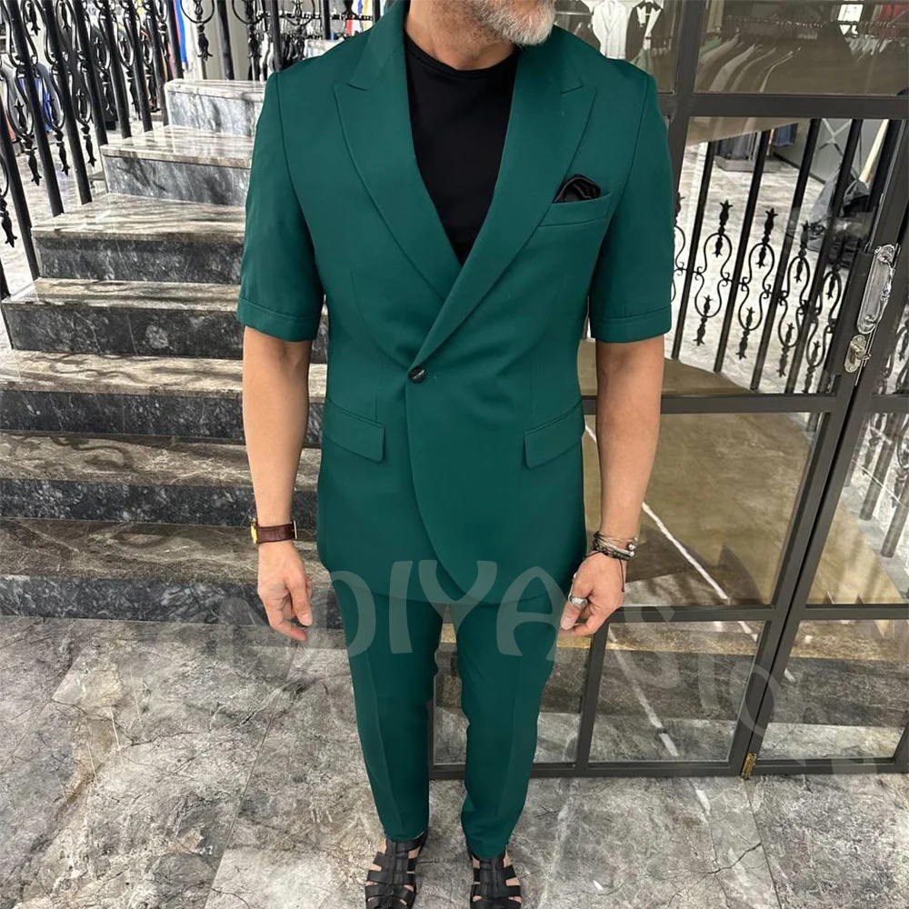 

Summer Short Sleeve Single Breasted Men Two Piece Suit Peaked Lapel Single Button Slim Fit Casual Party Prom Fashion Outfit