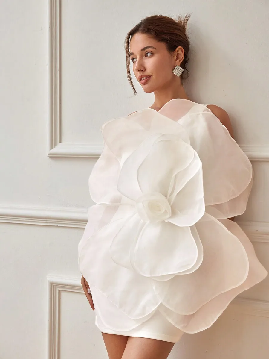 

Женское асимметричное мини-платье с открытой спиной, 3D-цветочным аппликацией и атласной основой