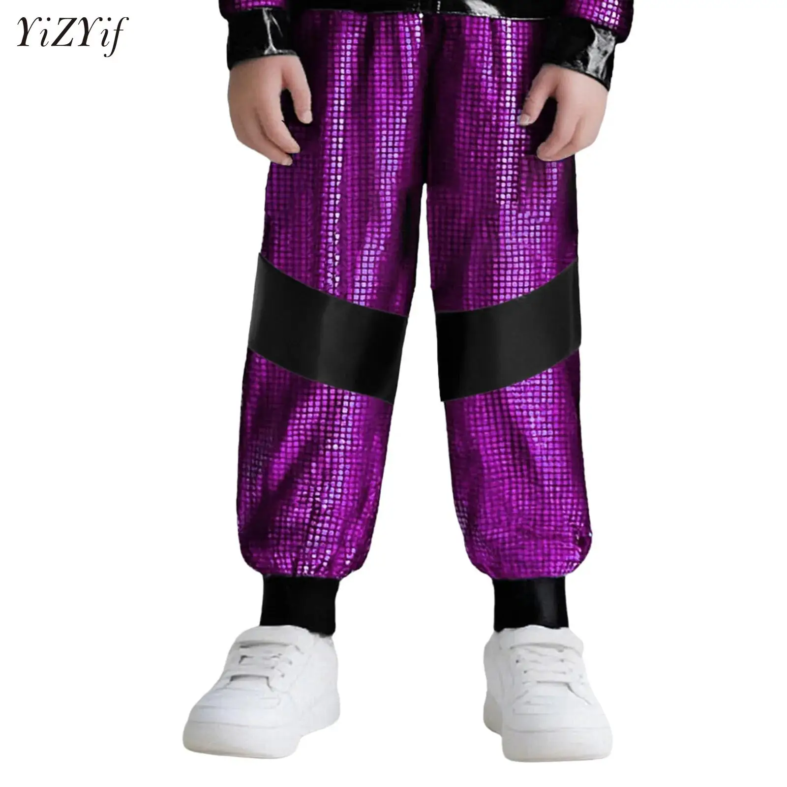 

Metallic Plaid Color Block Pants for Modern Hip Hop Street Dancewear Jazz Dance Costumes Kids Holographic Carnival Party Clothes