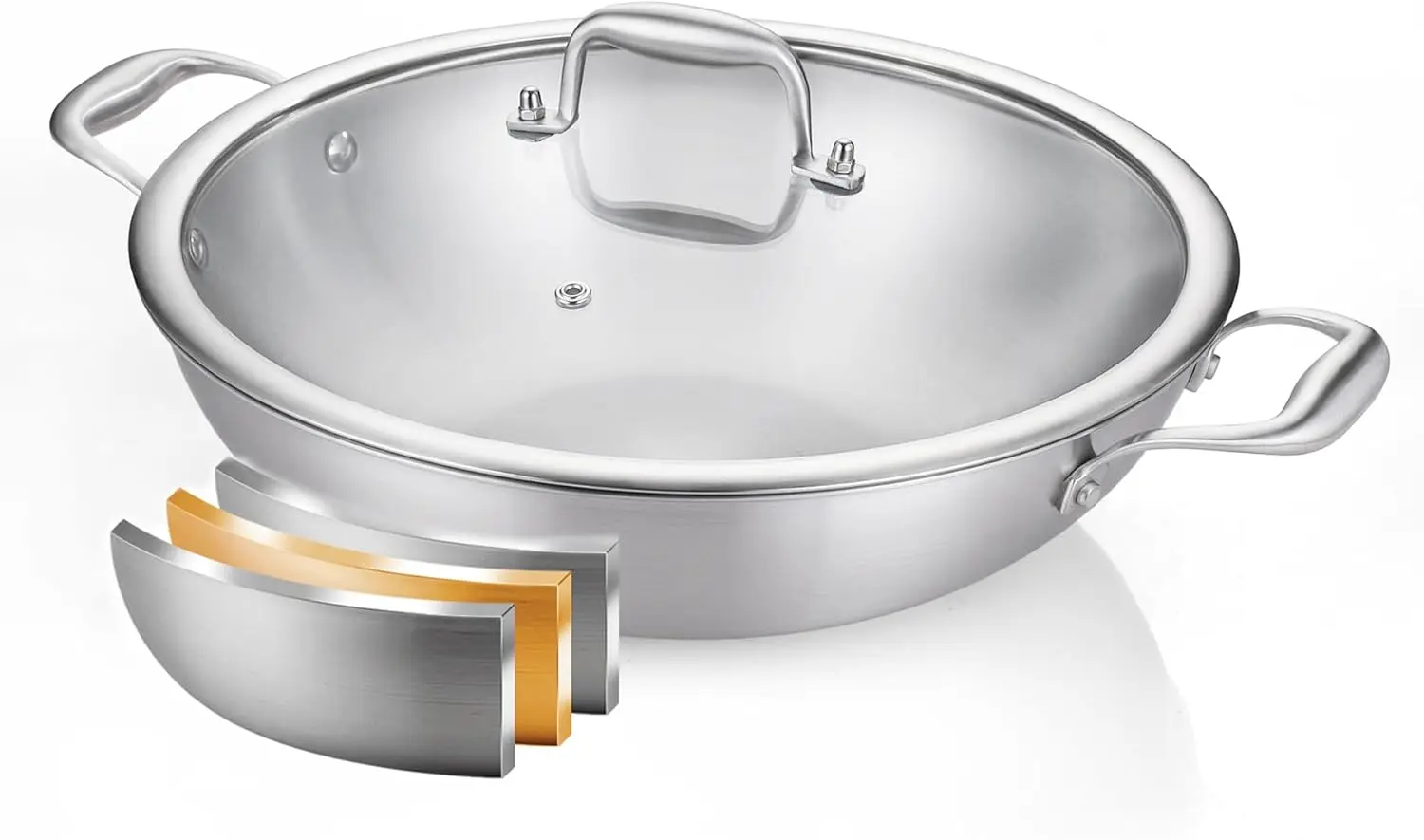 

12-Inch Tri-Ply Stainless Steel Wok Pan with Lid, Fast Even Heat, Induction Compatible, Dishwasher Safe