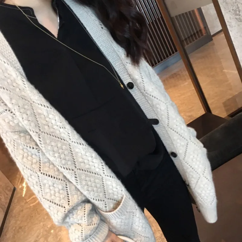

Autumn Winter New Thickened Cashmere Cardigan Women Mid-Length Loose Sweater Coat Lazy Style Hollow Knitted Sweater