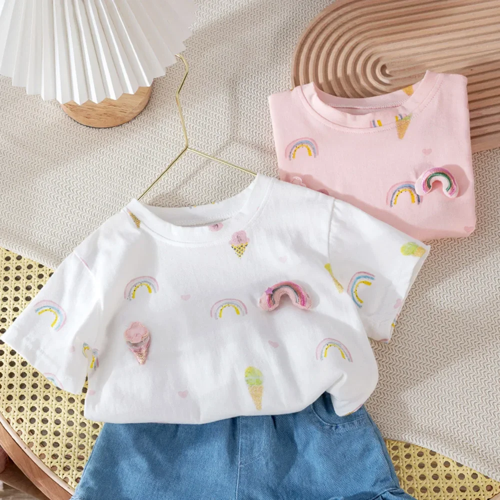 1-6Years Old Baby Girls T-Shirts 2022 New Summer Rainbow Print Short Sleeve Shirts Thin Cotton Kids Tees Children Clothing