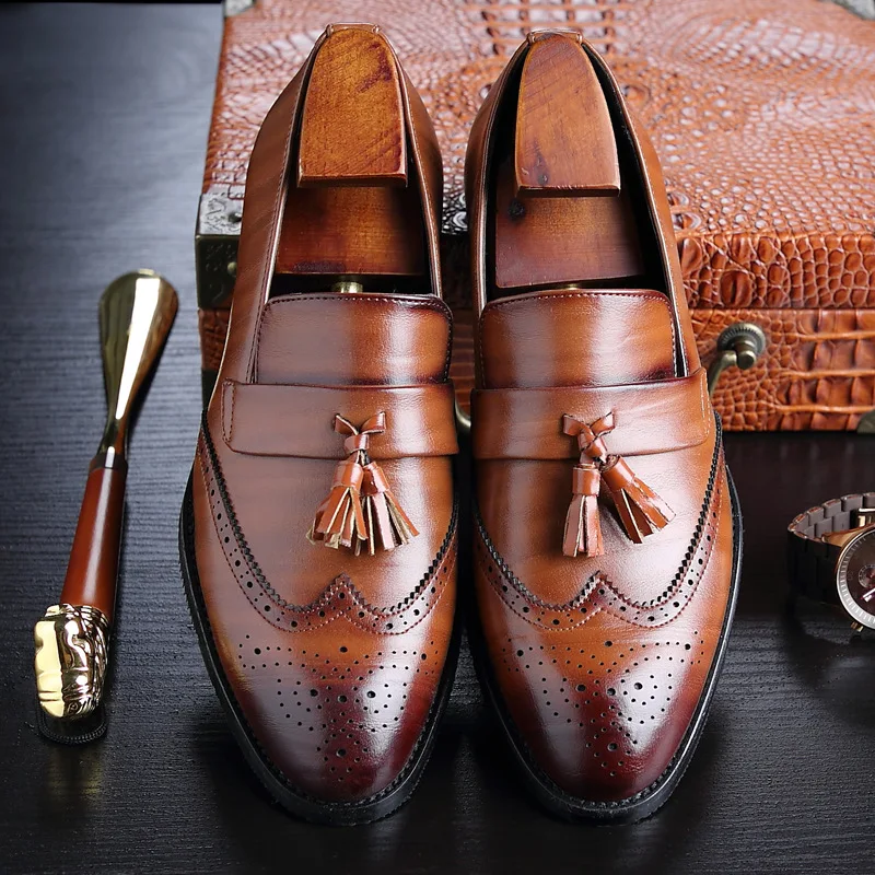 Men Dress Shoes Handmade Brogue Style Paty Leather Wedding Shoes Men Flats Leather Oxfords Formal Shoes Handmade Footwear