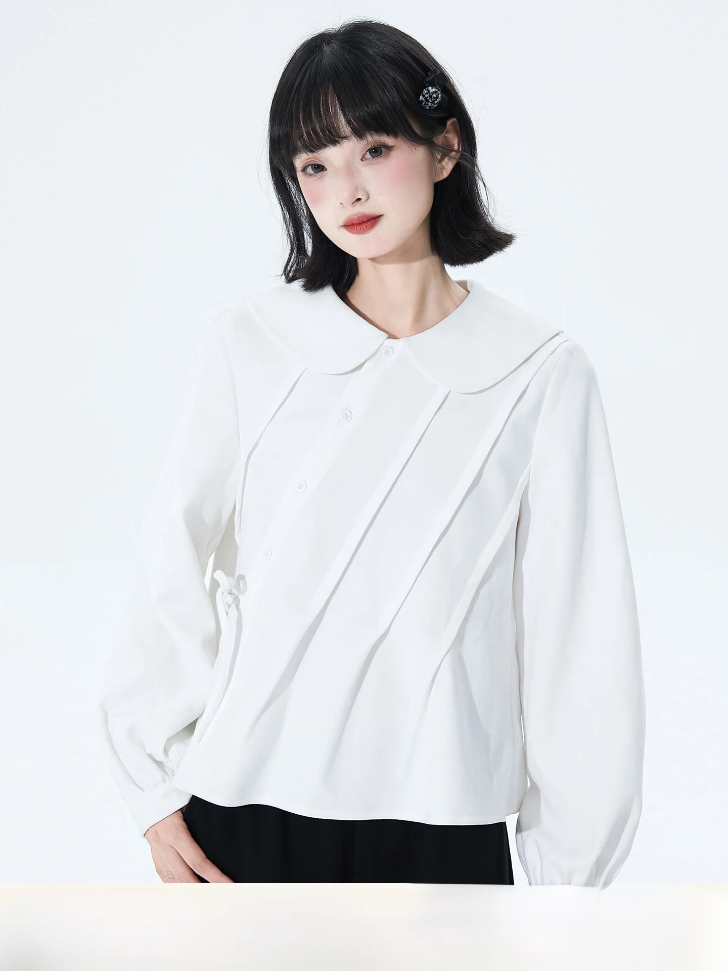 

Асимметричная блузка с рукавами-фонариками и воротником-стойкой, белая, женская, осенняя, оригинальный дизайн, милый стиль