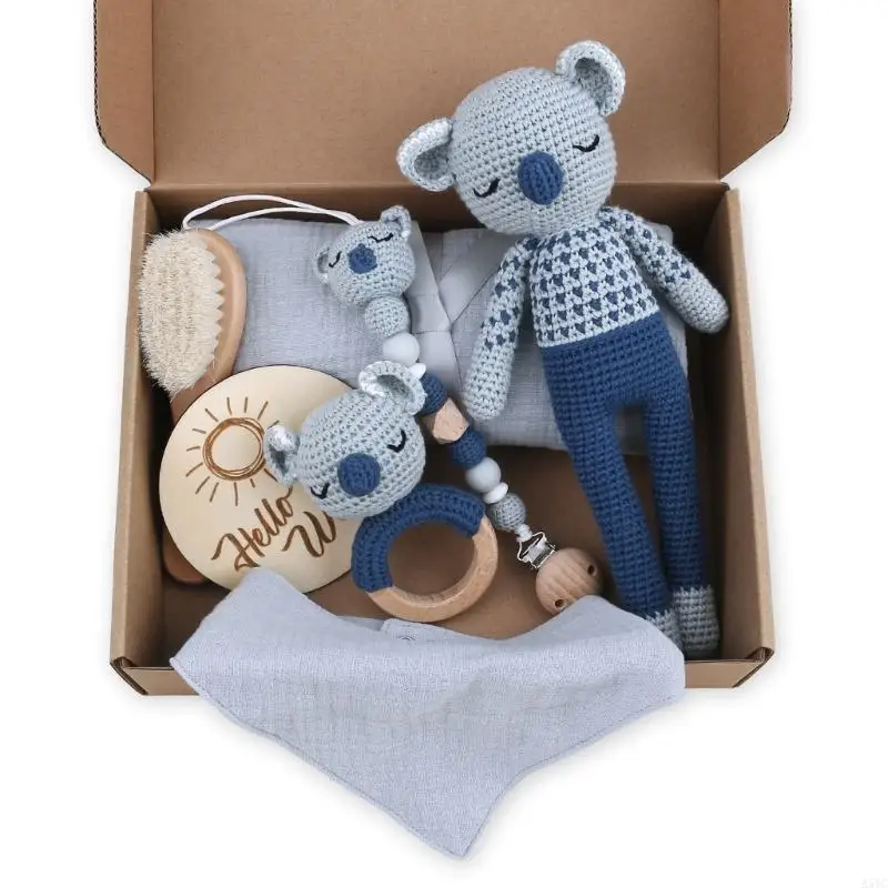 A5YC Baby Toy Set Pacifier-chain Ring-Teether Hello-World Baby-Bib Hair Brush Blanket