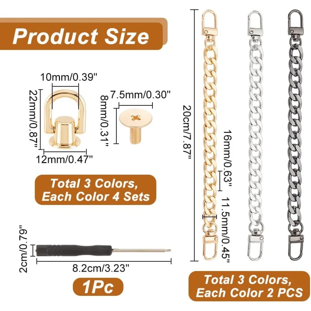 1Box Purse Chain Strap D Ring Rivets Set 3 Colors 6 pcs Purse Strap Extender Purse Chain Replacement 12 Sets Screw Post Head