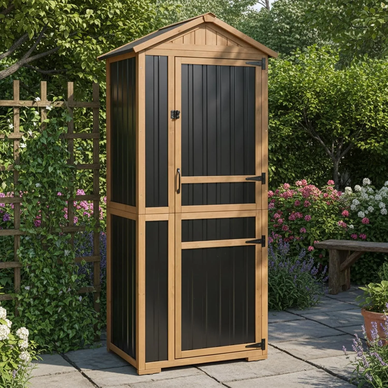 

Садовый шкаф для хранения на открытом воздухе, деревянный и металлический садовый сарай со съемными полками