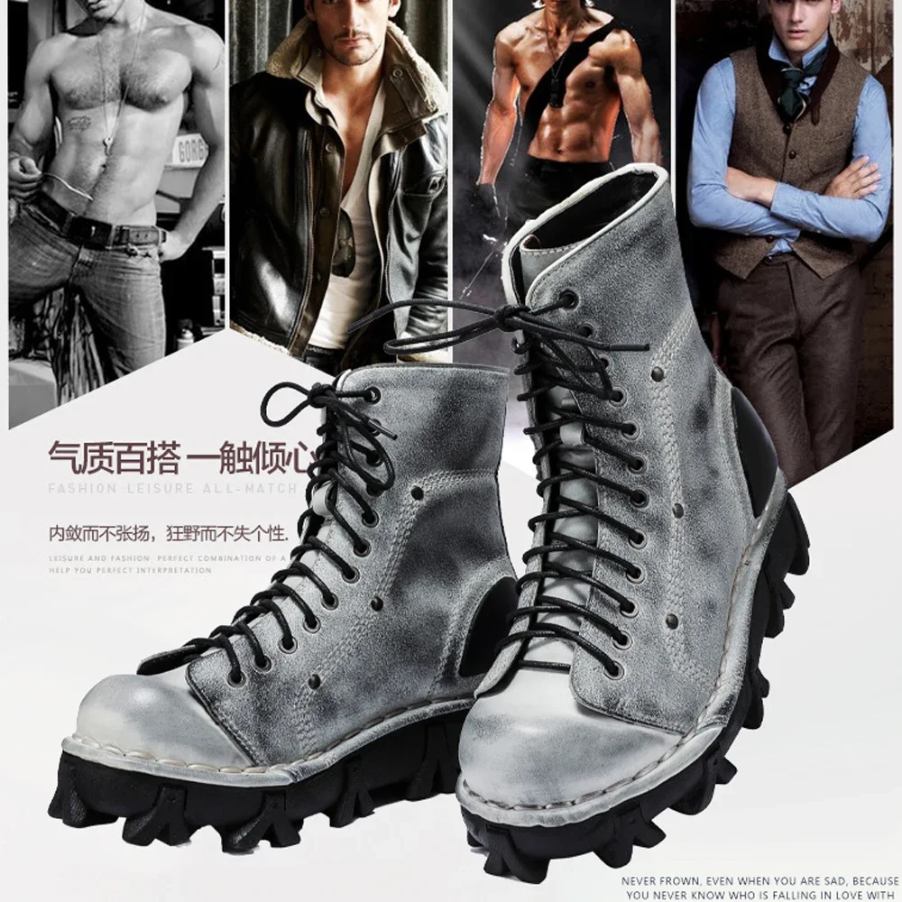 Fashion Men's Genuine Leather Winter Western Cowboy Boots Mid-calf Skull Goth Punk Platform Motorcycle Boots Round Toe