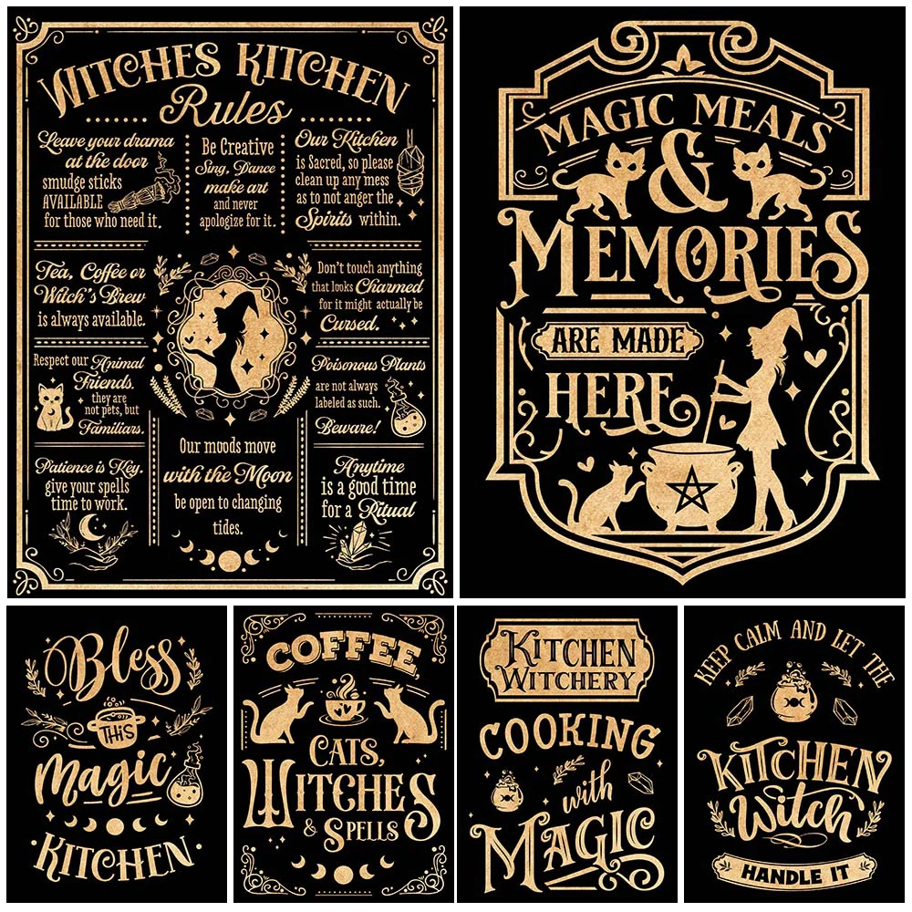 Witches Kitchen Rules And Herbs Magic Meals Vintage Wall Art Canvas Painting Magic Sign And Cats Witches Spells Poster Print