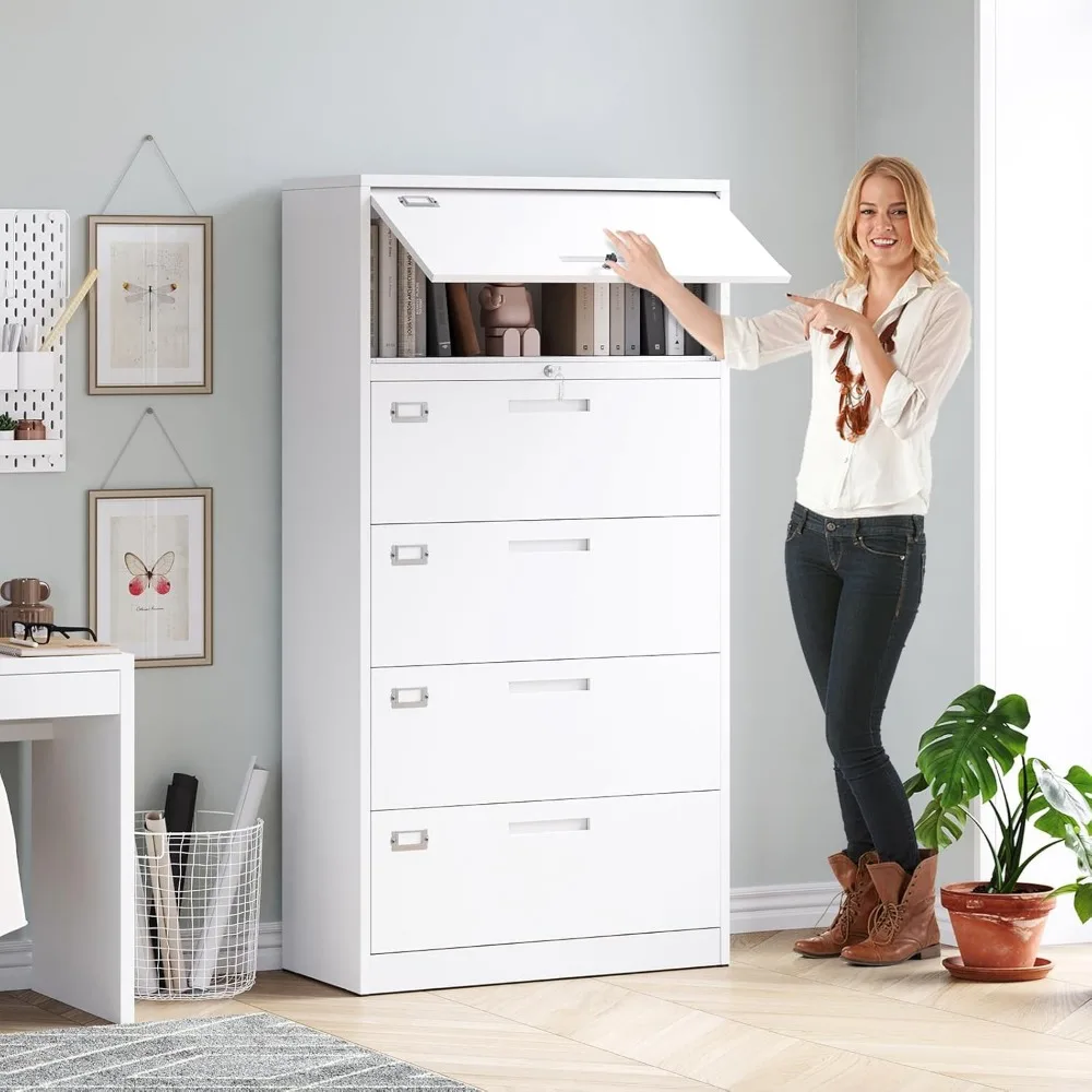 

File Cabinet with Shelf and Flip Door, 5 Tier Metal Lateral Filing Cabinets with Lock, 4 Drawer File Cabinet