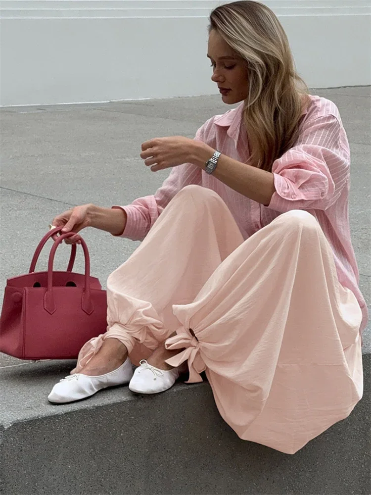 Casual Lace-Up Wide Leg Trousers For Women See-Through Loose High Waist Solid Autumn Flared Trousers Women's Pants 2025