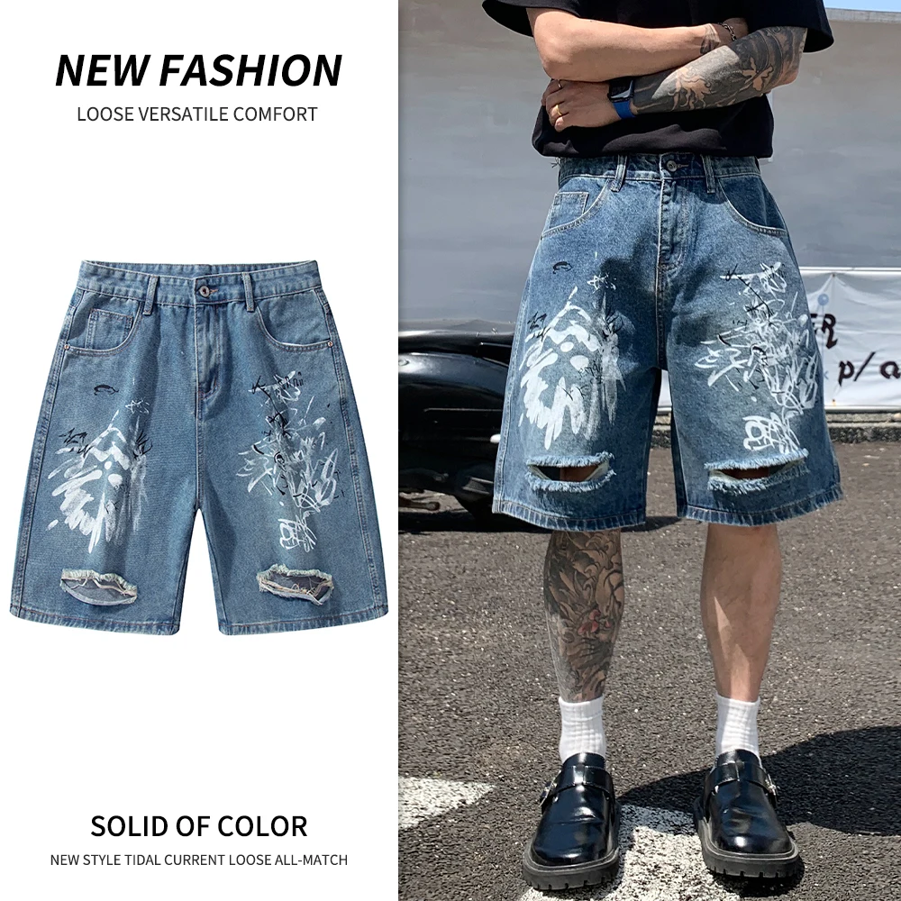Summer Street Style Men Denim Shorts Jorts Loose Fit Washed Vintage Comfortable Baggy Denim Shorts