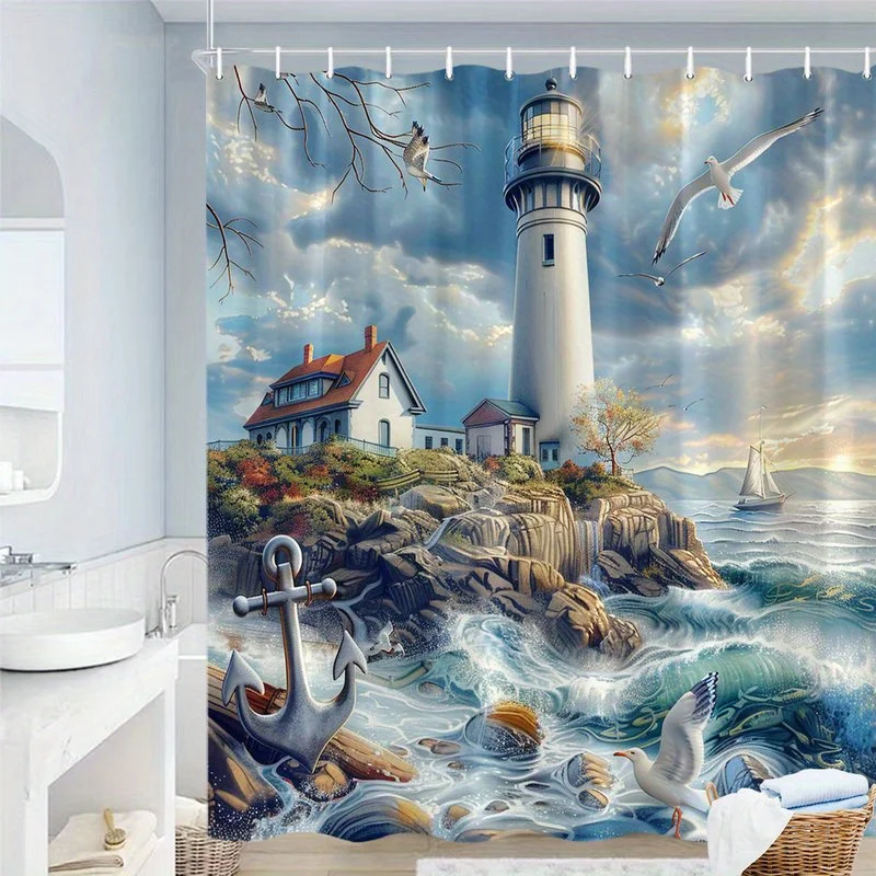 1pc Coastal Lighthouse Shower Curtain - Realistic Romantic Coastal Scene with White Lighthouse, Red Roof House, Sailboat, Anchor