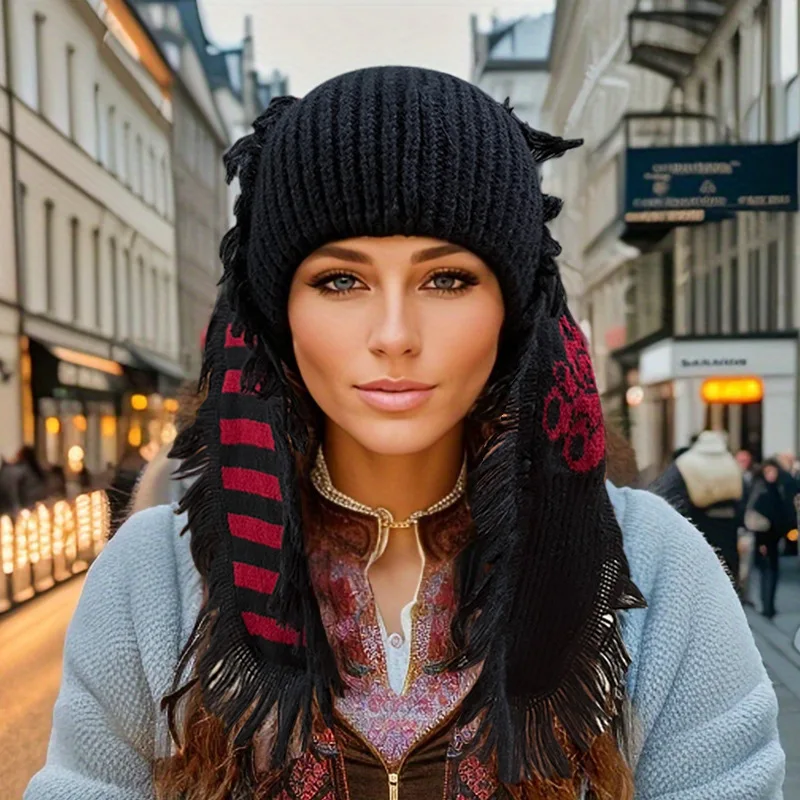 

Панк шапка с ушками кролика, растягивающаяся вязаная шапка для женщин и мужчин, зимняя теплая шапка для животных, фестиваль, рождественская вечеринка