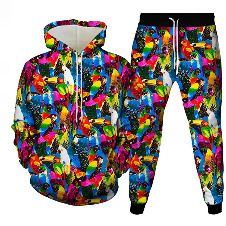 Pappagallo colorato uccello 3D stampato felpa con cappuccio tuta da uomo felpe pantaloni sportivi moda Casual due pezzi tuta Set abbigliamento da uomo