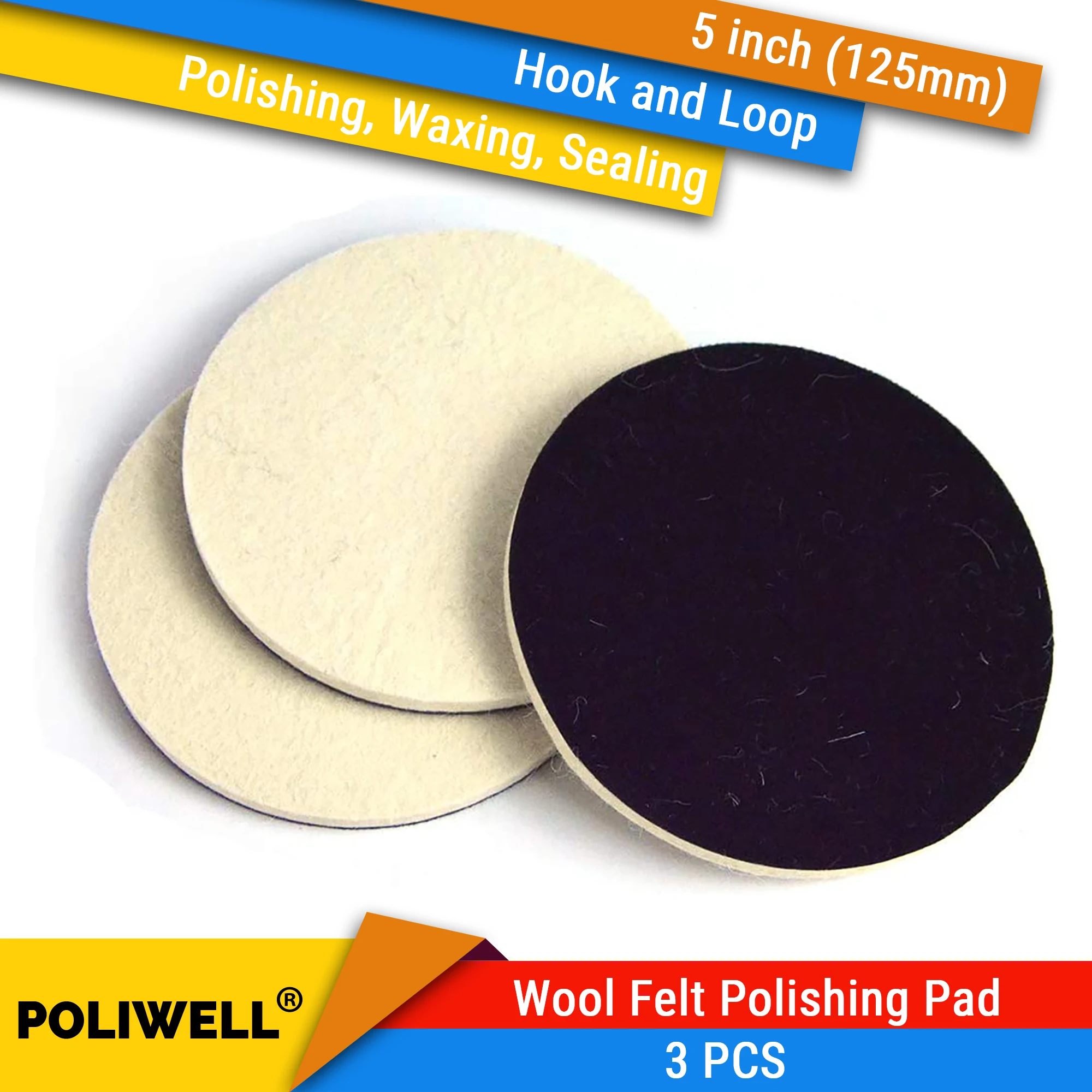 5 Inch 125mm Wool Felt Polishing Pad Hook and Loop Compressed Woolen Wheel Buffing Pads for Car & Boat Polishing Waxing Sealing