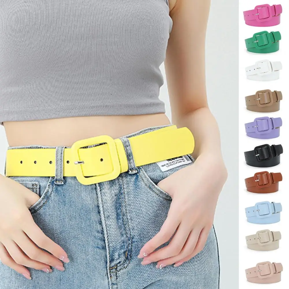 Women Belt Multi Holes Adjustable Length Square Buckle Faux Leather Waistband Jeans Dress Coats Candy Color Belt 청바지 원피스 벨트