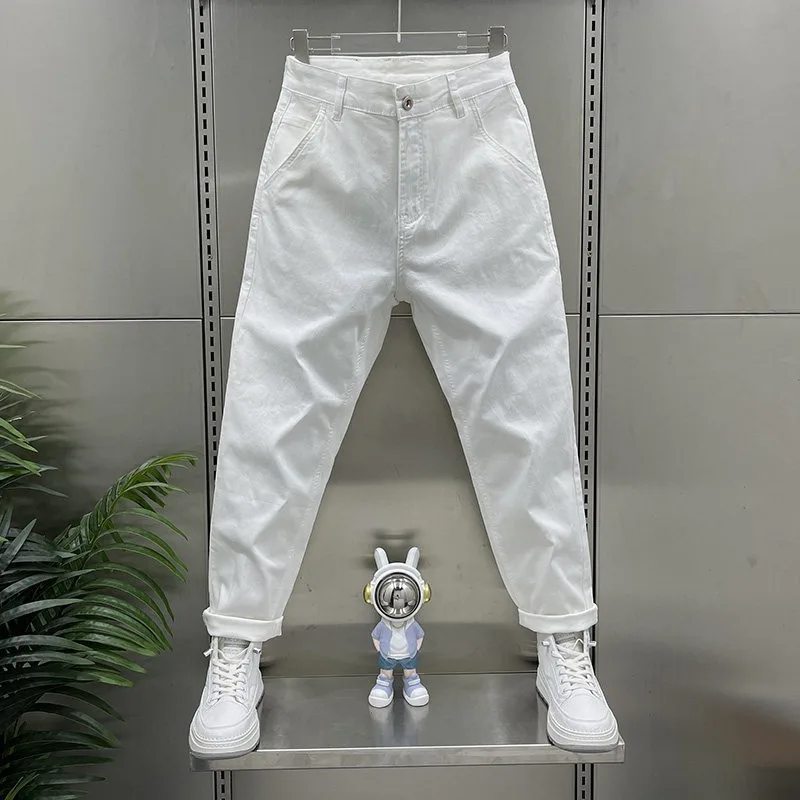 

2026 New Korean Fashion White Elastic Jeans Men Casual Pants Spring Summer Thin Trendy Versatile Loose Fit Youthful