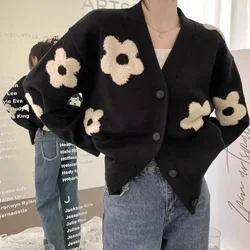 Womens V-neck White Flower Pattern Black Knitted Cardigan Sweater