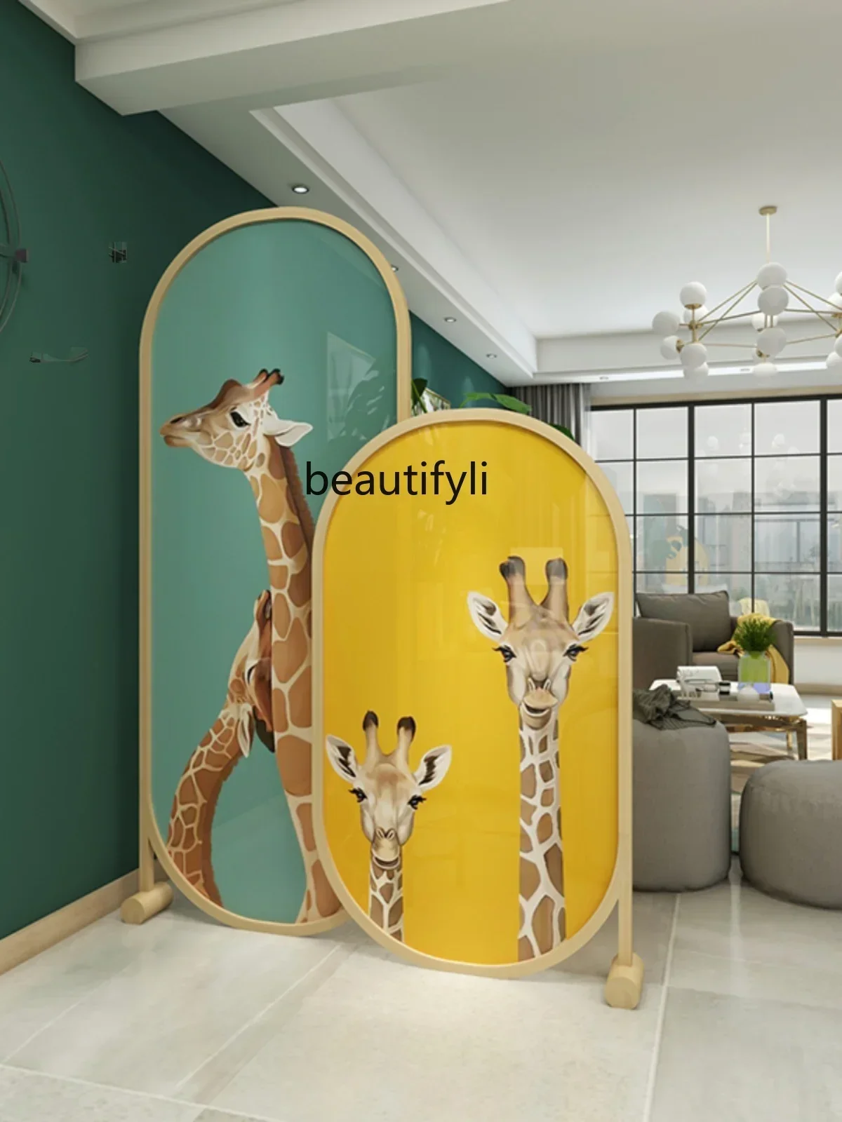 1lModern Minimalist Subareas Screens Solid Wood Porch Living Room Bedroom Fabric Craft Screen Cartoon Decoration