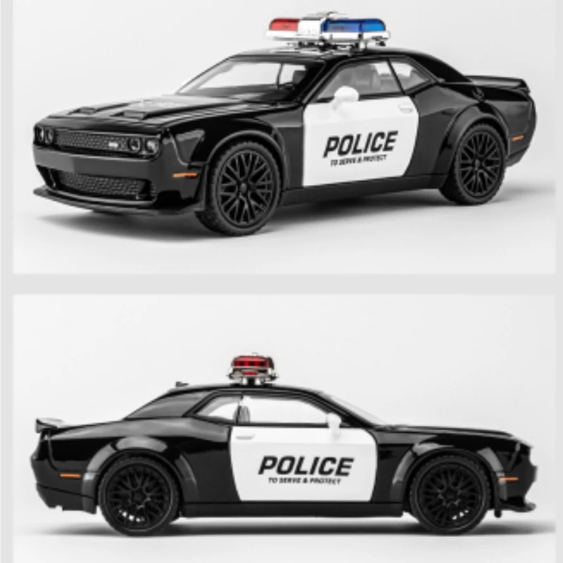 دودج SRT-نموذج سيارة شرطة من السبائك المعدنية محاكاة عالية ، صوت وإضاءة ، التراجع ، هدايا لعبة التجميع ، 1:32