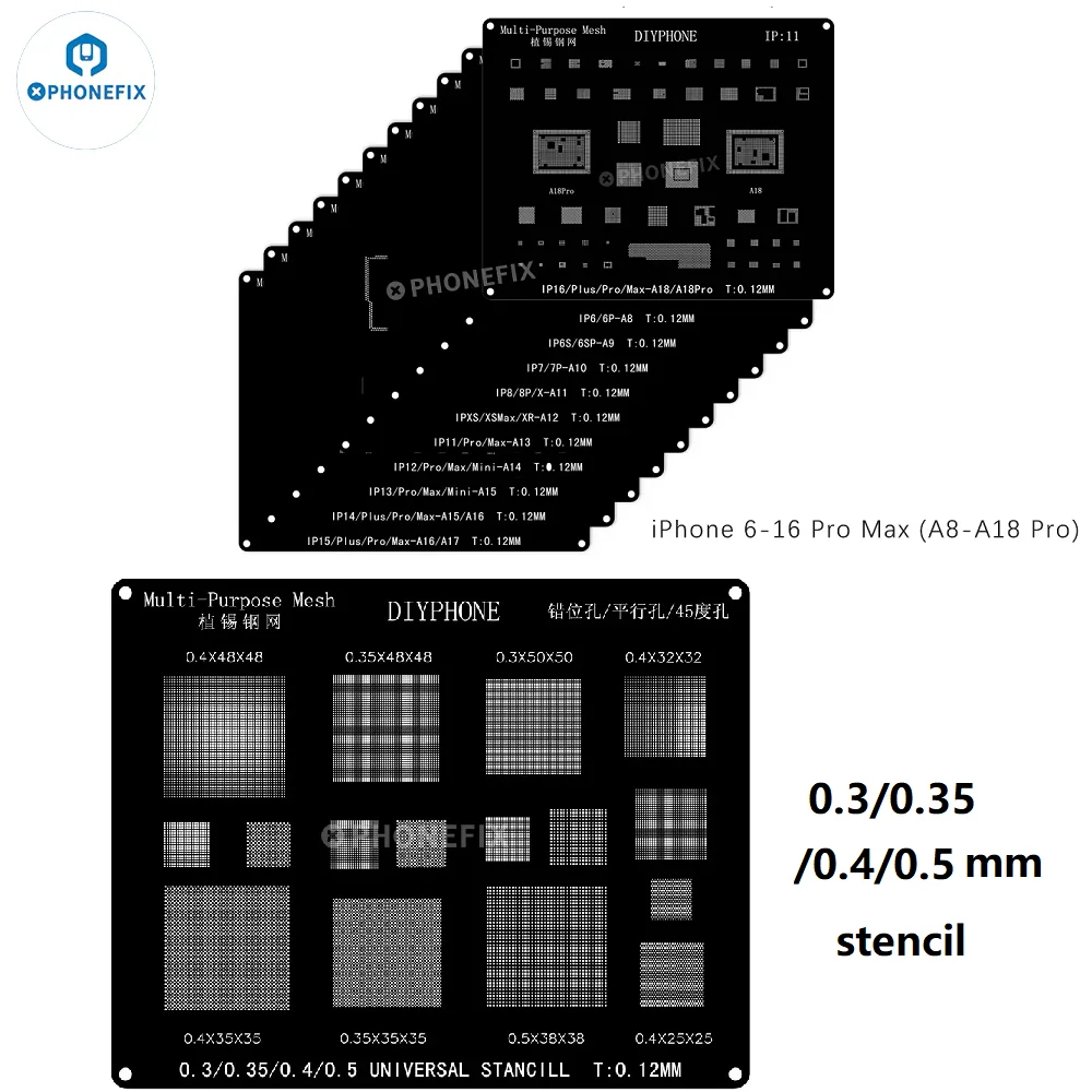 

DIYPHONE 0,12 мм черный трафарет для реболлинга BGA 0,3 0,35 0,4 0,5 мм универсальная оловянная стальная сетка для посадки для iPhone 6-16 Pro Max IC CPU