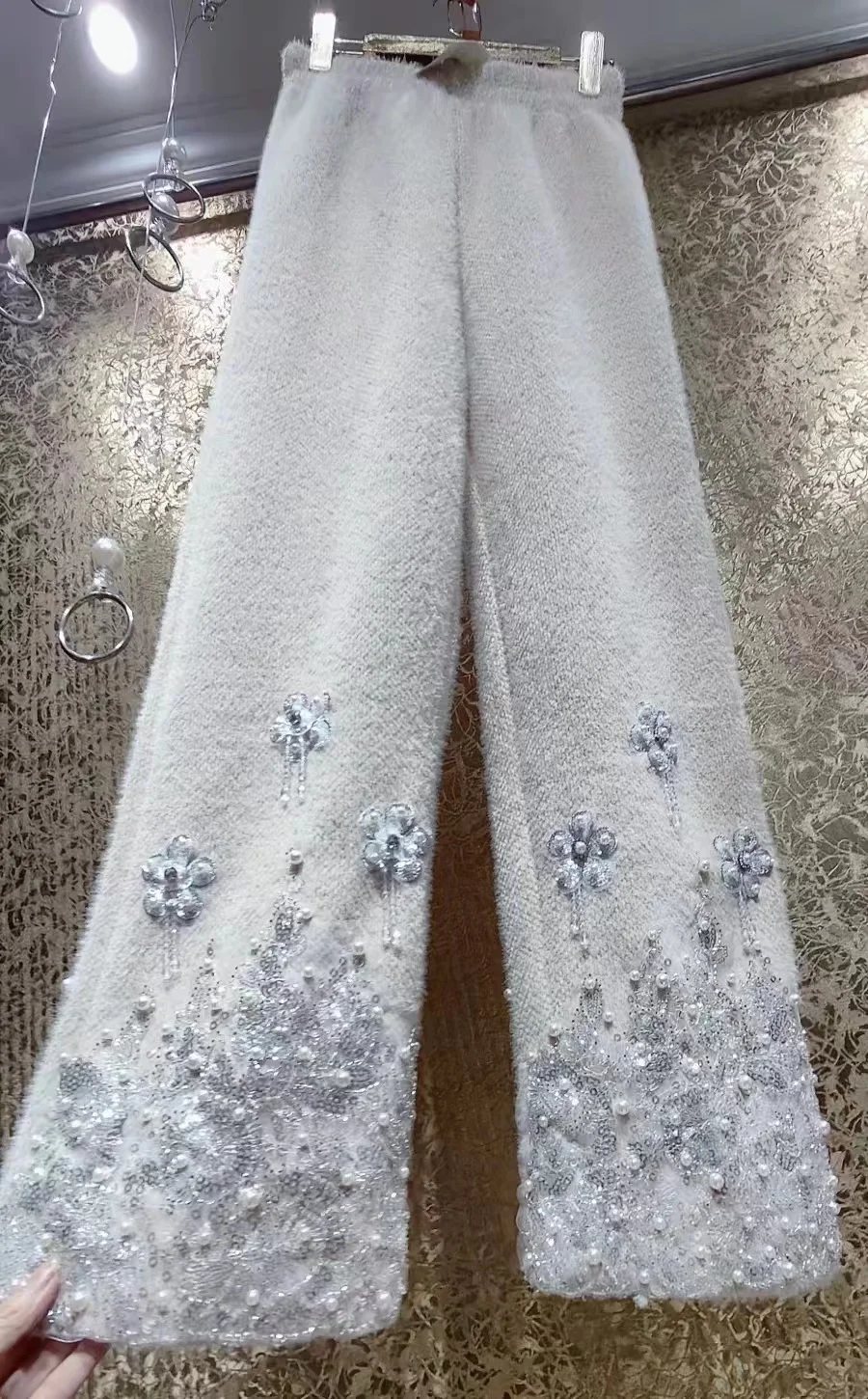 Luxury Style Pearls Beaded Sequined Stitch Thick Warm Pants Heavy Industry Wide-Leg Pants Autumn Winter 2024 Women Trousers