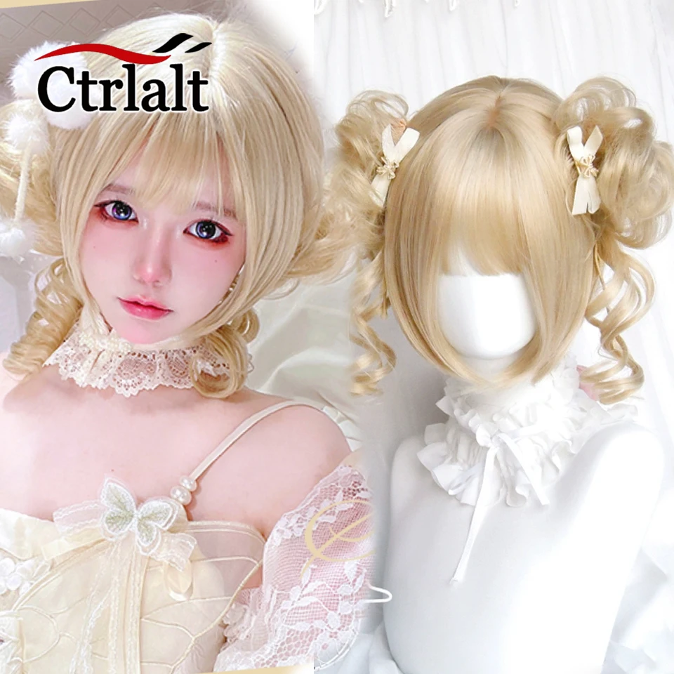 

Short Straight Lolita Blonde Wig with Hairbun Synthetic Green Hair For Cosplay Daily Party Halloween Wig With Bangs for Women