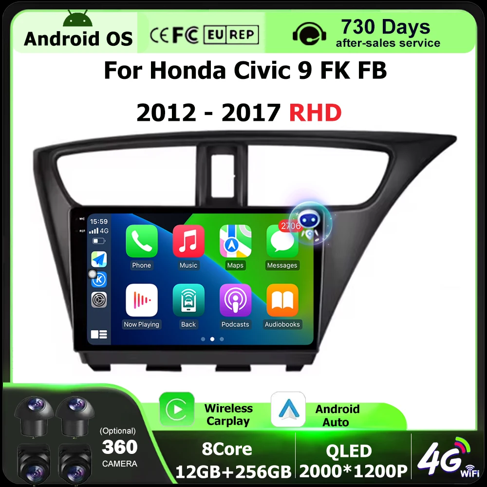 9 Inch For Honda Civic 9 FK FB 2012 - 2017 RHD Android 16 Car Radio Multimedia Video Player GPS Navigation Stereo Carplay WIFI