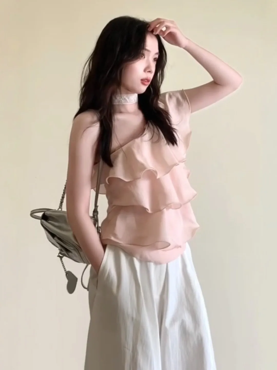 

Irregular Pink Asymmetrical Shoulder Strap Short Top Korean Style Women's Spring Summer Clothing Lace Design Breathable Skin-...