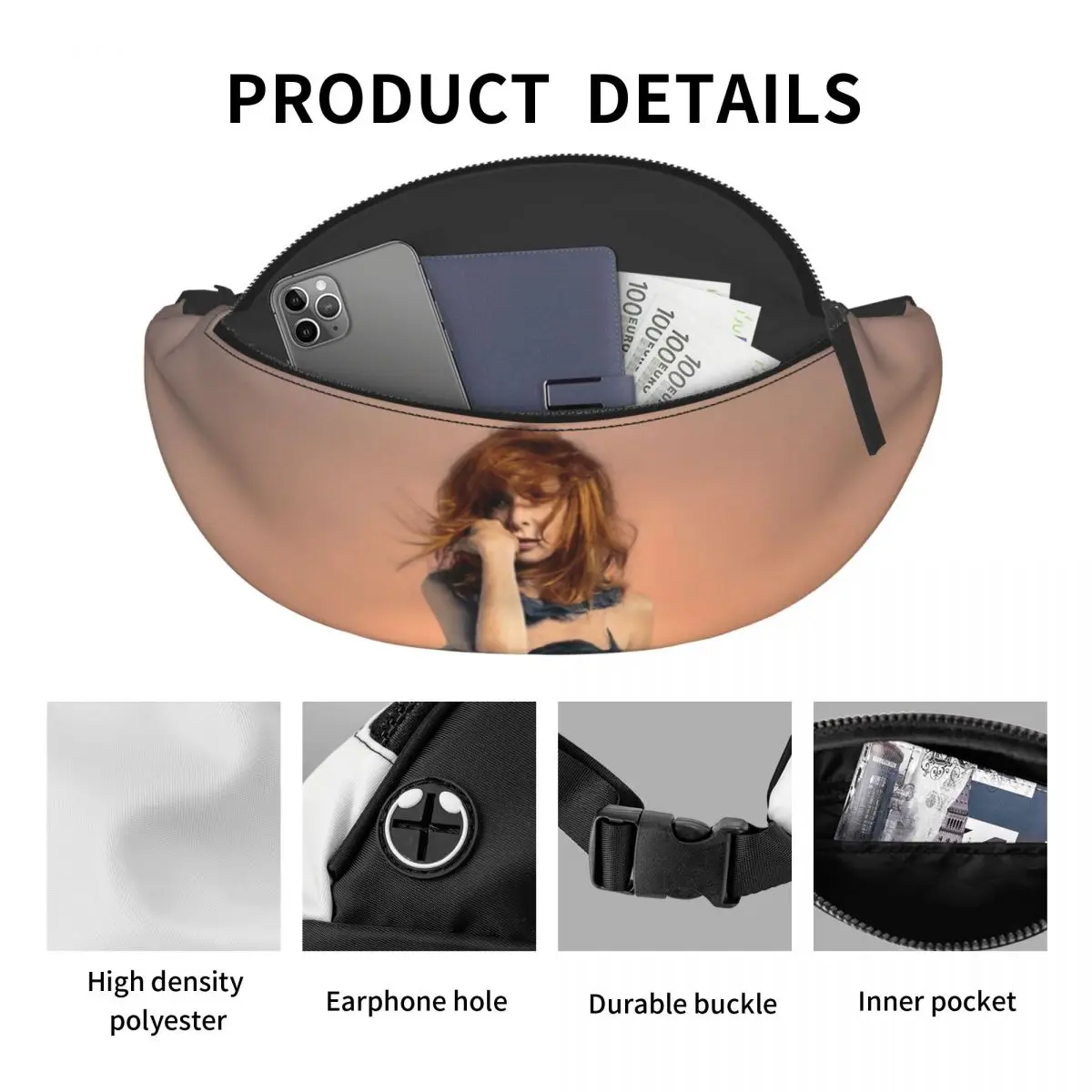 Benutzerdefinierte Mode Mylene Farmer Fanny Pack für Radfahren Camping Männer Frauen Französisch Sänger Umhängetasche Taille Tasche Telefon Geld Beutel