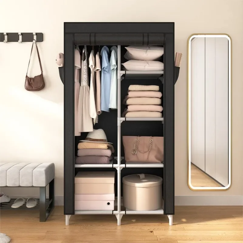 Portable Closet Wardrobe Closet for Hanging Clothes with 6 Storage Shelves, 1 Hanging Rod and 4 Pockets