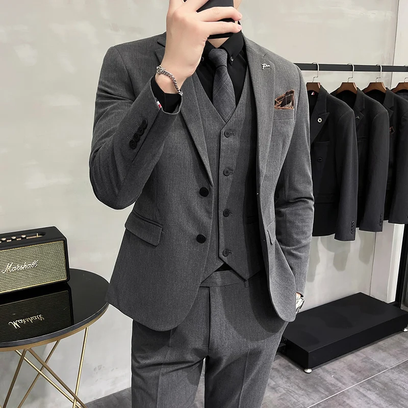 Plus Size S-7XL Man Korean Slim Fit Custom Groom Business Casual Tuxedo Blazers Vest Pant Casual Wedding Social Tuxedo Dress