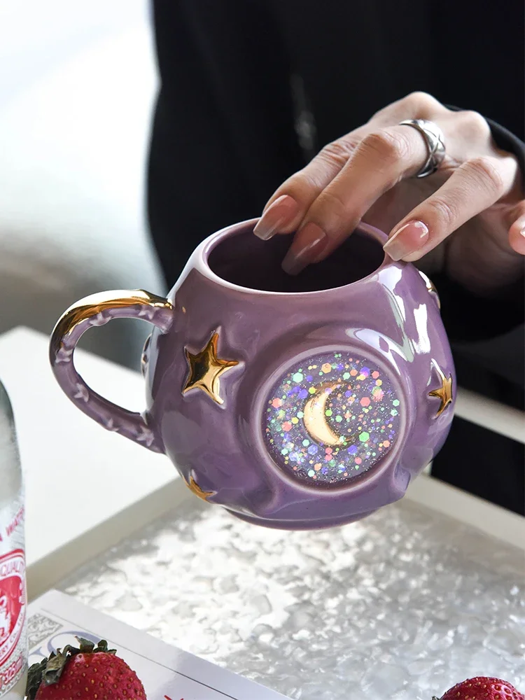 Ceramic Starry Sky Cup Sparkling Cup with High Appearance, Colorful Stars, Creative Birthday Gift, Mug with Hand Gift, Water Cup