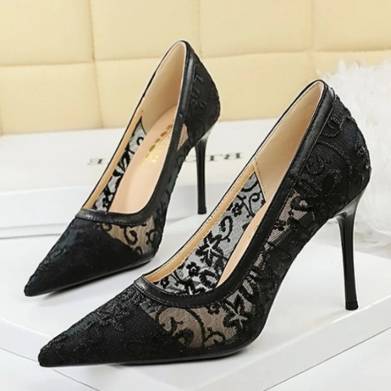 Women Elegant Decoration Air Mesh 9.5cm High Heels Pumps Female Chic Party Celebration Shoes Lady Fashion Pointed Toe Shoes view 6