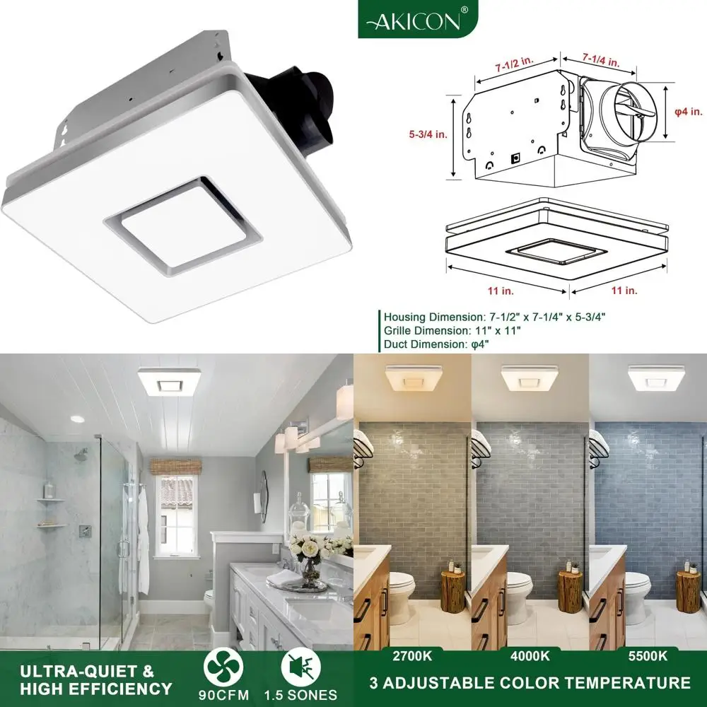 

Exhaust Fan with Dimmable 3CCT LED Light Combo, 90 CFM, 1.5 Sones, 15W LED and 5W Night Light for Bathroom Ventilation