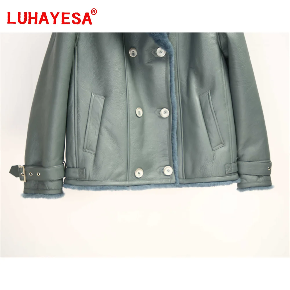 2024 Bazaar Lamb Fur Shearling Jacket Luhayesa Women Fashion Winter Warm Double Brested Casual Daily Real Fur Clothing