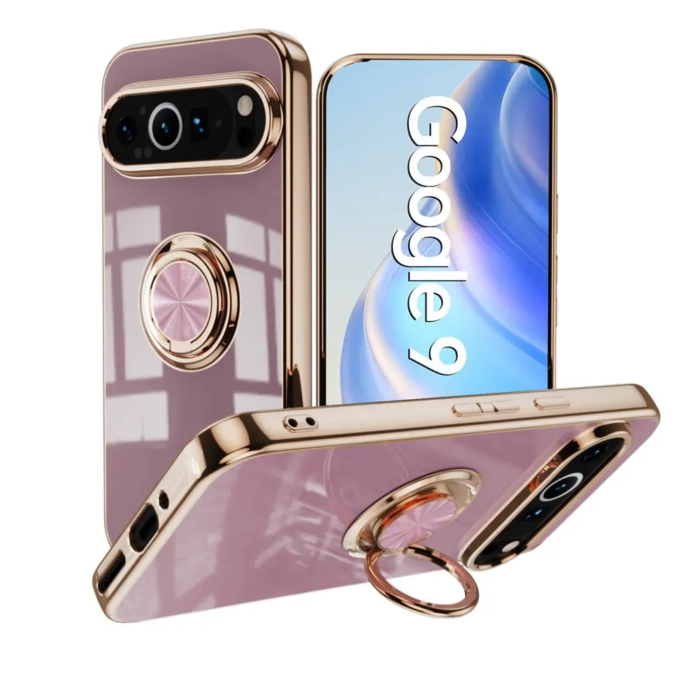 Ring Silicone Case for Google Pixel 9 Pro Case Shockproof Plating Gold Bumper Magnetic Cover for Google Pixel 9Pro 9 Pro XL Case