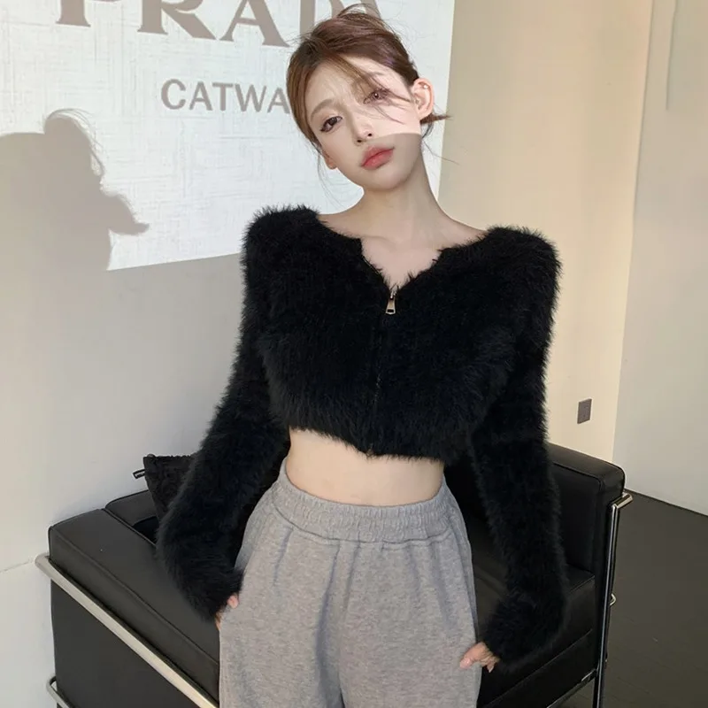 Winter Temperament Gentle Mink Coat Temperament Short Sweater Off Shoulder Zipper Plush Knitted Cardigan Tops