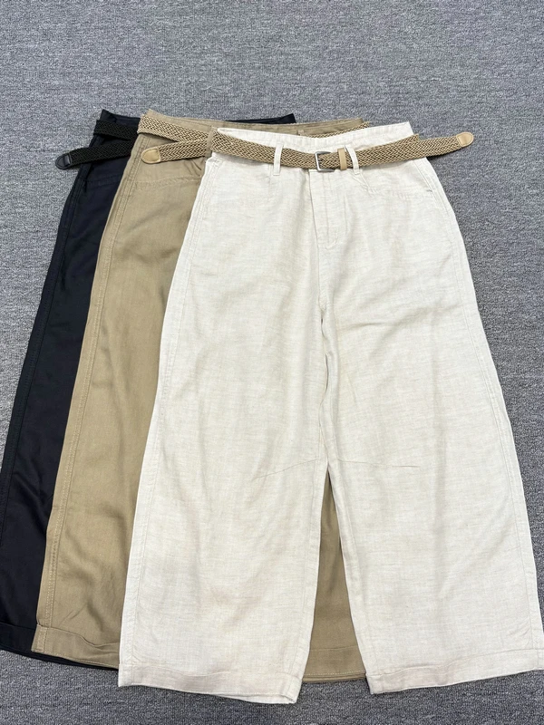

Elegant Casual Linen Pants Nine-Tenths Straight Leg Summer Breathable Comfortable Women's Knitted Belted Natural Waist
