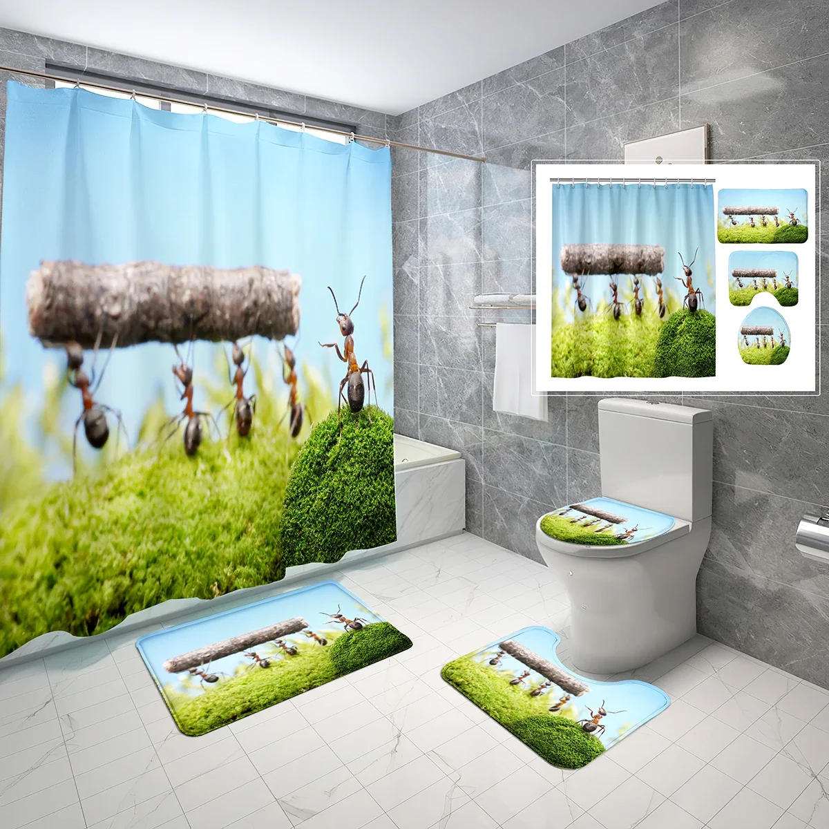 4 Pcs Ant Shower Curtain Sets with Toilet Lid Cover and Non-slip Bath Mat Micro World Architect Waterproof Shower Curtain Set