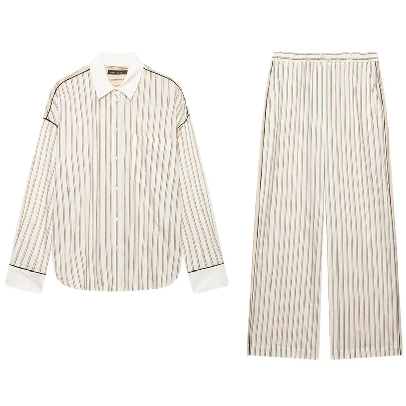 New 2026 Early Autumn Women's Long Sleeve Collared Striped Shirt Pants Color Block Fashionable Casual Wear Work Uniform view 5