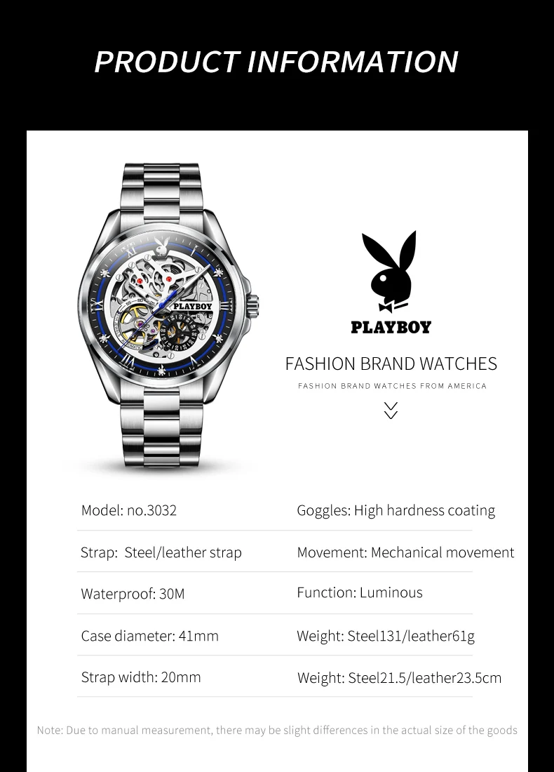 PLAYBOY Fashion Business Watch for Men Stainless Steel Automatic Mechanical Man Watch Original Luxury High Quality Men\'s Watches