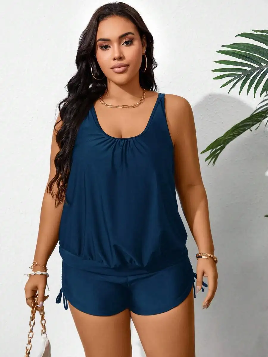

Plus Size Women Solid Color Round Neck Drawstring Ruched Tankini Swimsuit Beach Holiday Set