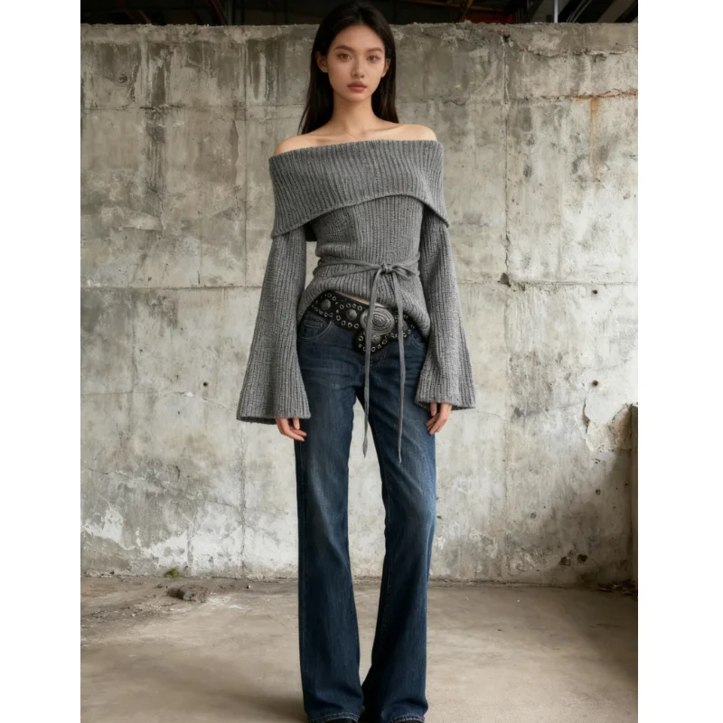 سترة محبوكة على الموضة الجديدة لعام 2025 بكتف واحد للتنحيف y2k على طراز الشارع لبدلة المرأة الدافئة في الخريف والشتاء #1