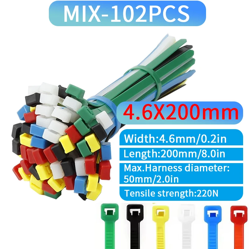 102PCS Multi color set 4.6mm Self-Locking Nylon Cable Ties Plastic Zip Tie Binding Wrap Straps Fastening Loop Home Office Wandu